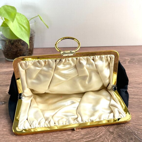 Vintage Black Satin Evening Purse with Gold-Tone Frame & Snap Closure - Picture 7 of 11